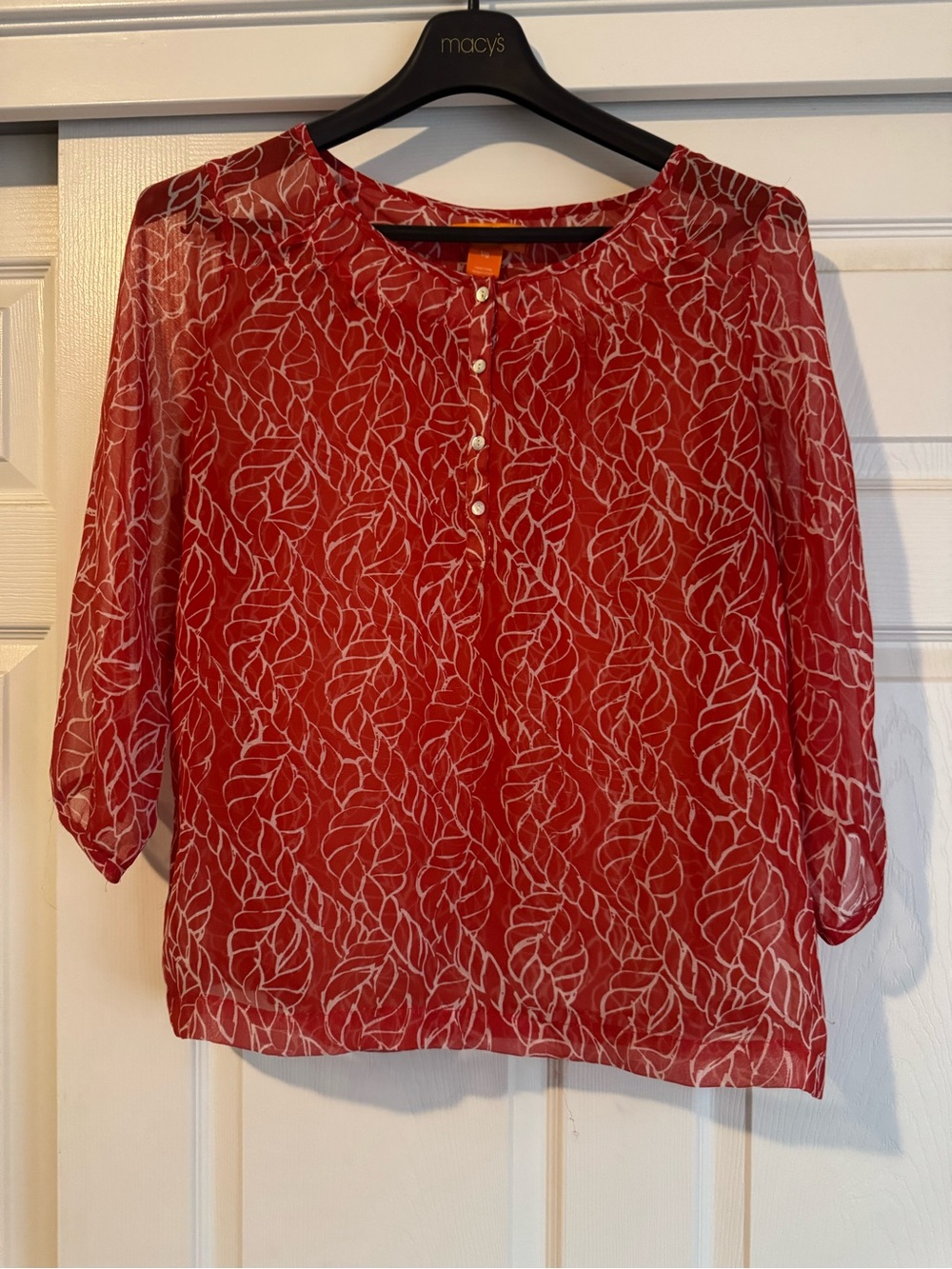fresh Red Leaf-Print Sheer Henley Blouse